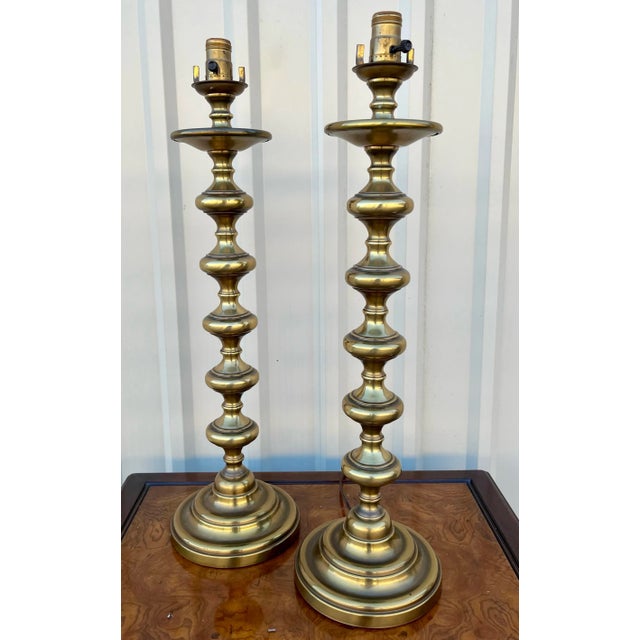 Mid Century Vertical Stacked Brass Bobbin Lamps- A Pair For Sale In Charleston - Image 6 of 12