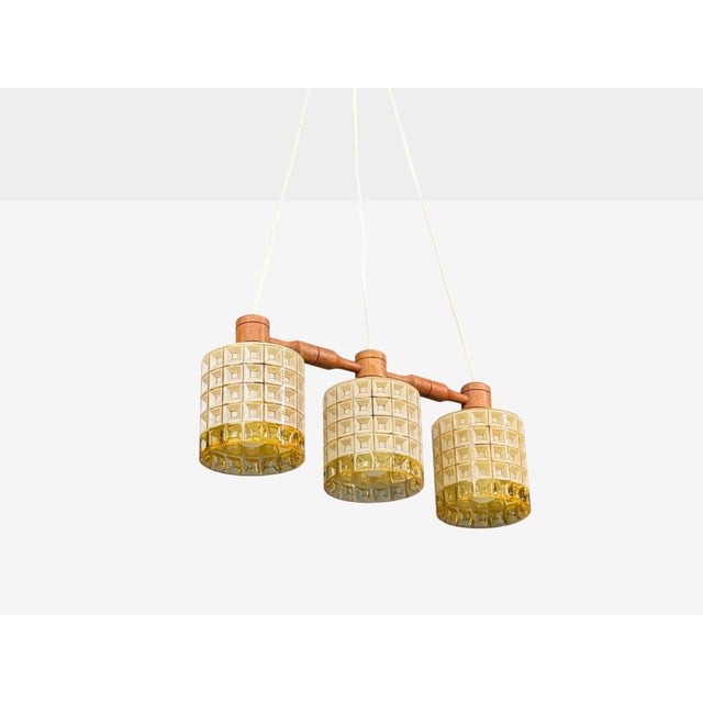 1950s Swedish Modern, Three Light Pendant Light, Teak, Glass, Sweden For Sale - Image 4 of 11