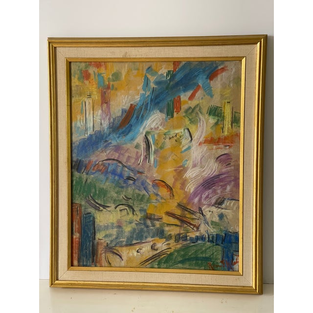 American abstract gouache on paper painting. Signed lower right . In original gold tone frame with mat glass for sun...