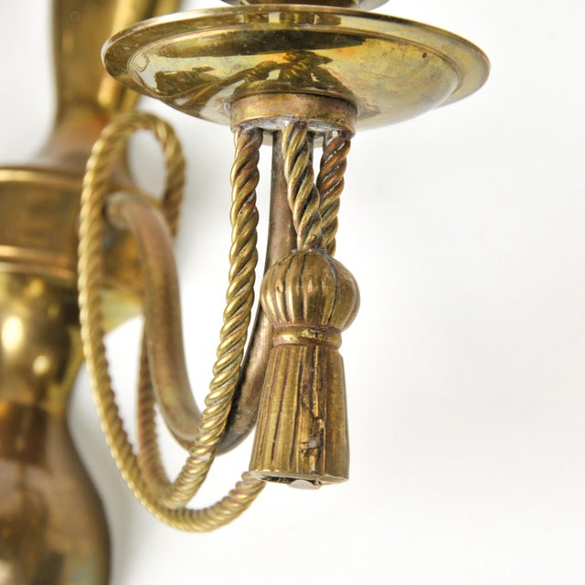 Pair of Hollywood Regency Brass Rope & Tassel Wall Sconces | Double Taper Wall Candle Holders For Sale - Image 14 of 15