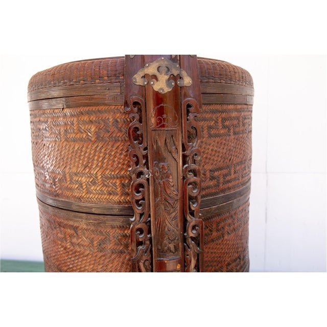 Brown Antique Chinese Woven Bamboo Wedding Basket For Sale - Image 8 of 14