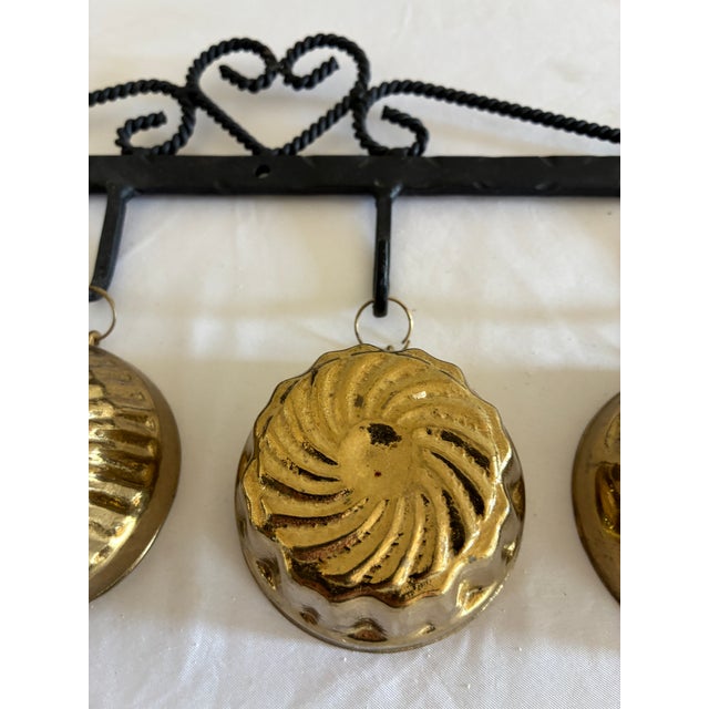 Vintage Wrought Iron Heart Rack With 4 Brass Jelly Molds For Sale - Image 4 of 10