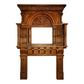 Antique Fireplace Mantel Romanesque Revival Style Carved Oak For Sale