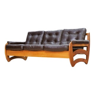 1970s Brown Leather Sofa Teak Sculptural Form For Sale