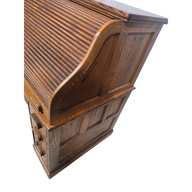 Wood Late 20th Century Winners Only Solid Oak Roll Top Executive Desk With Keys For Sale - Image 7 of 11
