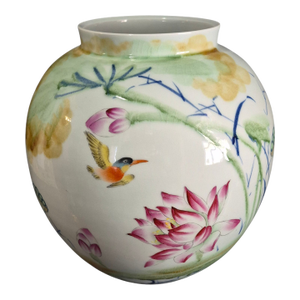 Vintage Asian Famille-Rose Lotus Floral Bird Calligraphy Poem by "Du Fu" Large Vase Marked