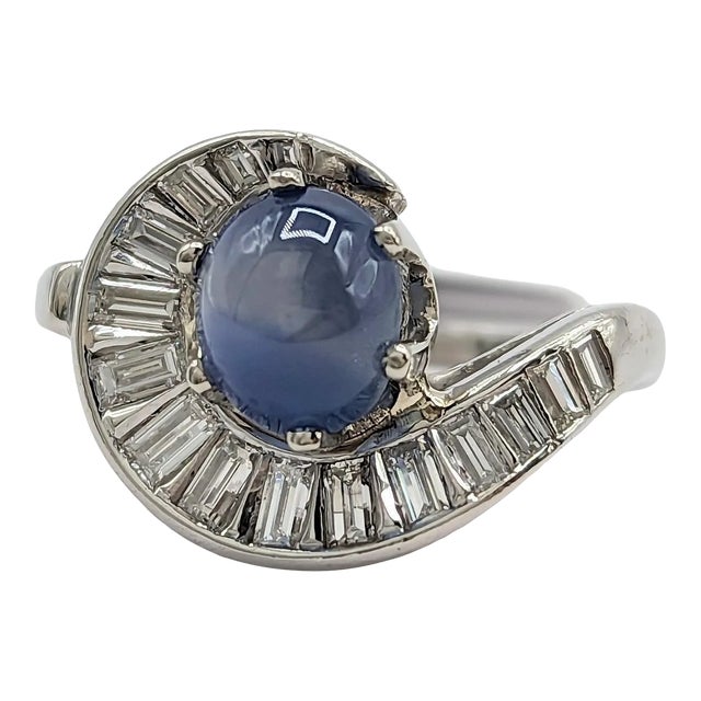 Blue Sapphire Oval Cabochon and White Diamond Ring in Platinum, size 7.25 For Sale