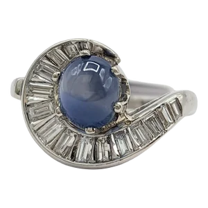 Blue Sapphire Oval Cabochon and White Diamond Ring in Platinum, size 7.25