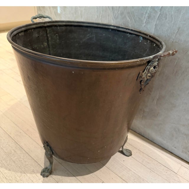 Antique large size hand hammered copper and brass Pawn legs footed and handled Victorian style English fireplace bin....