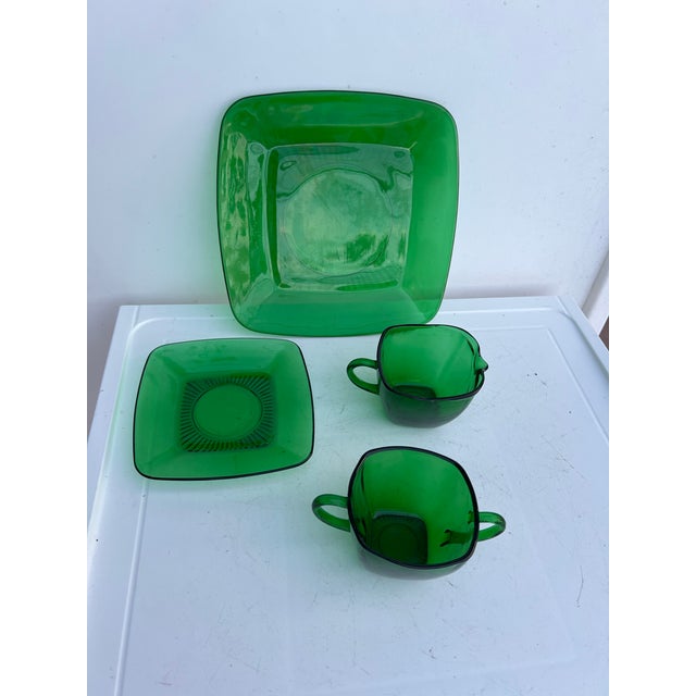 Anchor Hocking Vintage Mid Century 1940 Green Glass Sugar Bowl, Creamer & Plate Set of 4 For Sale - Image 4 of 9