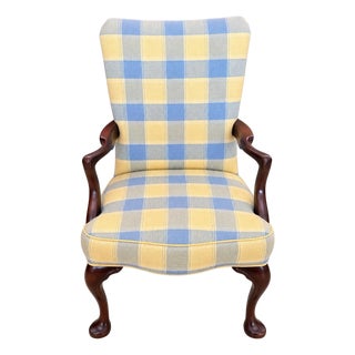 Vintage English-Style Plaid Armchair in Blue & Yellow For Sale