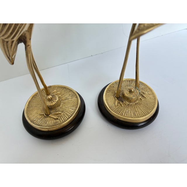 Mid Century Modern Large Brass Crane Figures on Wood Base - A Pair For Sale - Image 4 of 12