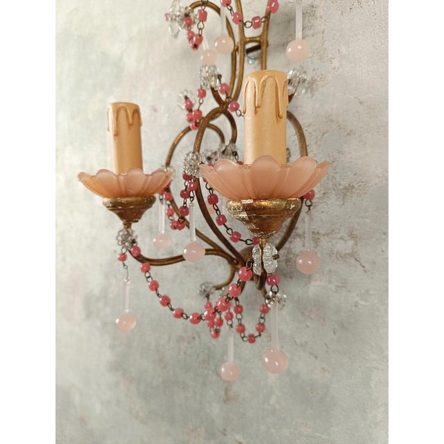 Gilded Sconces with Peachy Pink Opaline Cups, Crystal Beaded and Murano Drops, 1950s, Set of 2 For Sale - Image 12 of 18