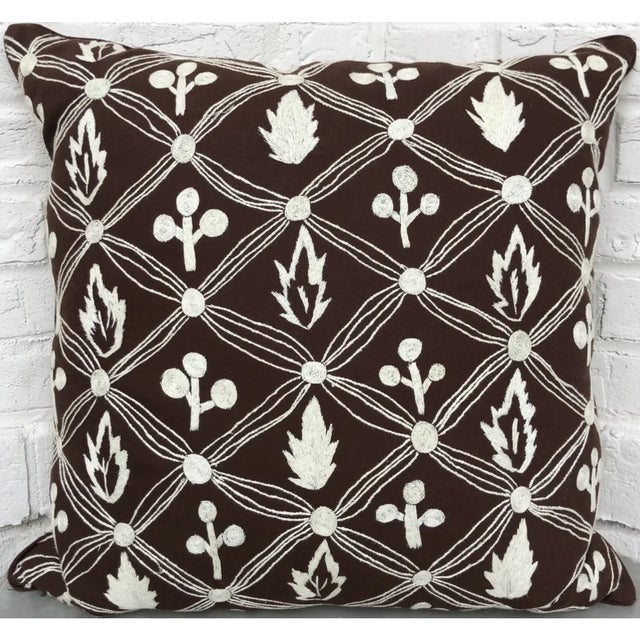 Rustic Contemporary Botanical Embroidered Linen Pillow Cover For Sale - Image 3 of 3