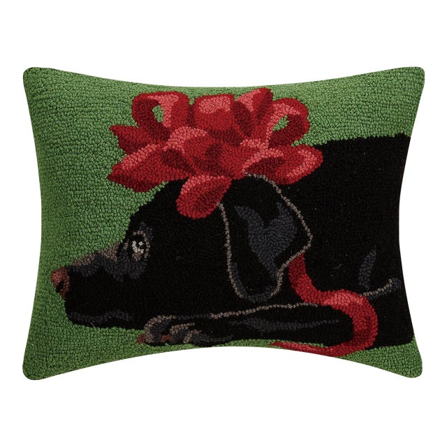 Black Lab Bow Hook Pillow 14" x 18" For Sale