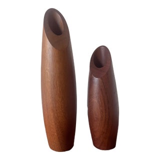 A Pair of Modernist MCM Solid Teak Bud Vases, Circa 1970 For Sale