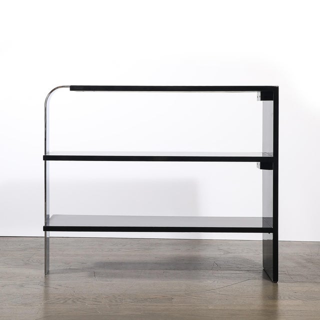 Art Deco Streamlined 3-Tier End Table/Bookcase in Black Lacquer W/ Curved Chrome For Sale - Image 12 of 12