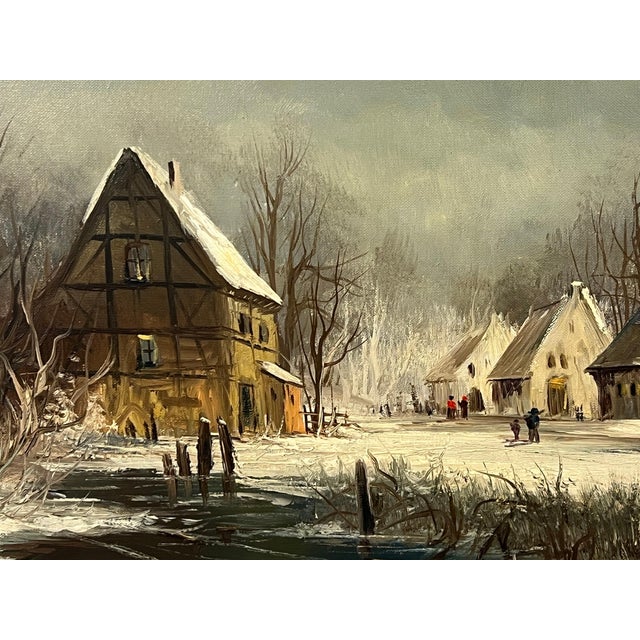 European Village in Winter Snow with Figures & Frozen Pond by German Artist 1972 For Sale - Image 4 of 18