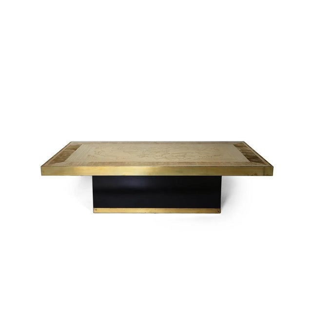 Unique coffee table by Ricco D. for Lova Creation, Belgium, 1980s. Etched brass top with signed artwork resting on a black...