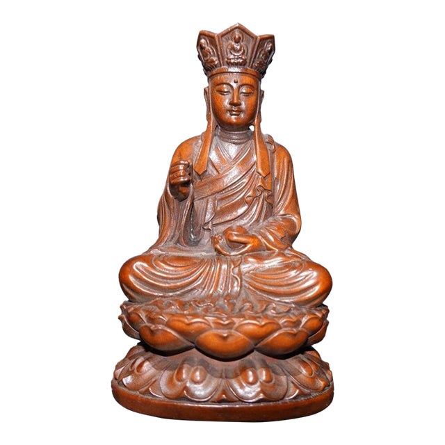 Boxwood Carving of Ksitigarbha Bodhisattva on Lotus For Sale