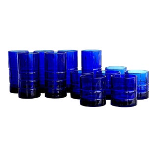 Vintage Anchor Hocking Tartan Cobalt Tumblers in 2 Sizes, Set of 12 For Sale