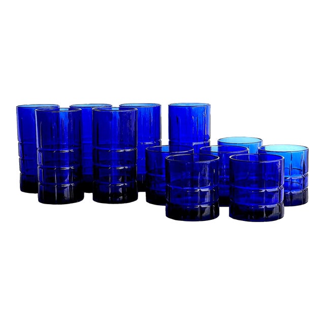 Vintage Anchor Hocking Tartan Cobalt Tumblers in 2 Sizes, Set of 12 For Sale