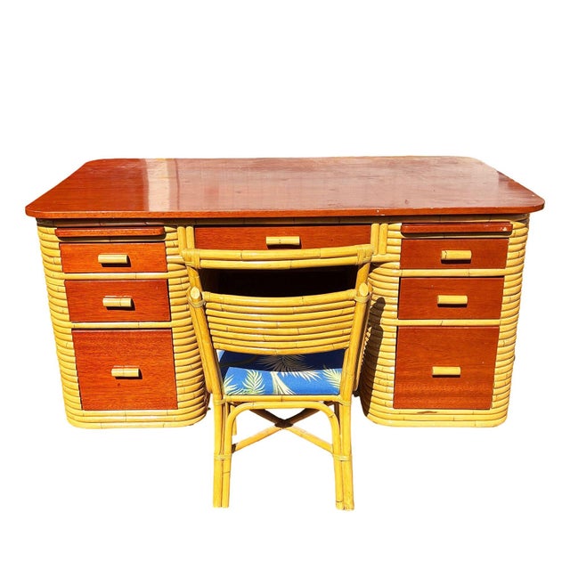 Mid-Century Modern 1940s Restored Paul Frankl Style Stacked Rattan & Mahogany Executive Desk W/ Chair For Sale - Image 3 of 4