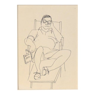 Lounge Chair Nap - Vintage Illustration in Ink and Watercolor by Irene Pattinson For Sale