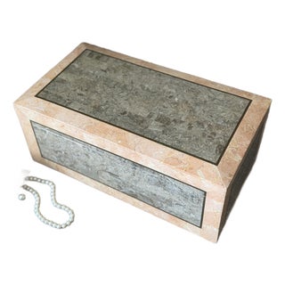Vintage Mid-Century Modern Postmodern Tessellated Marble Mactan Stone and Brass Jewelry Trinket Lidded Box With Velvet Interior by Maitland-Smith For Sale
