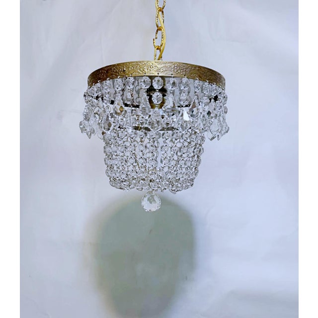 Vintage Hollywood Regency Brass Tiered Crystal Basket Chandelier For Sale - Image 11 of 11