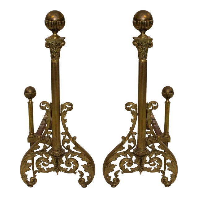Decorative Vintage Neoclassical-Inspired Brass and Iron Andirons For Sale