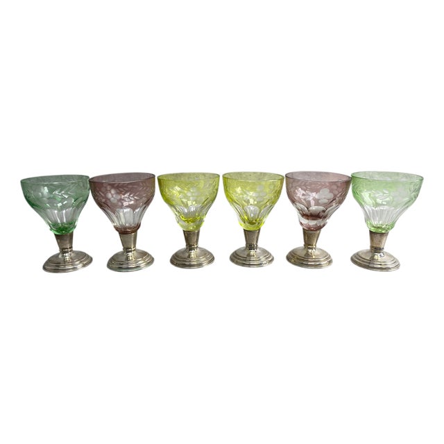 Colored Cut Glasses on Silver Stems, 1930s, Set of 6 For Sale