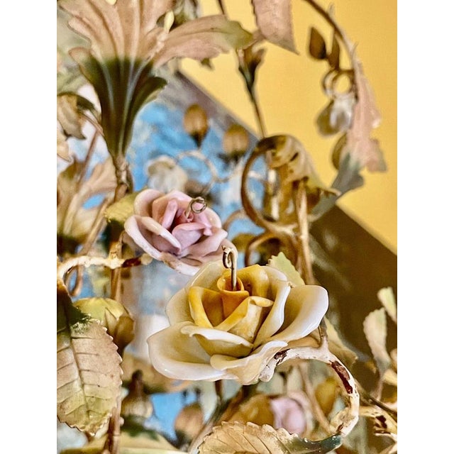 Hollywood Regency Porcelain Floral Roses Flower Chandelier, 1940s For Sale - Image 3 of 14
