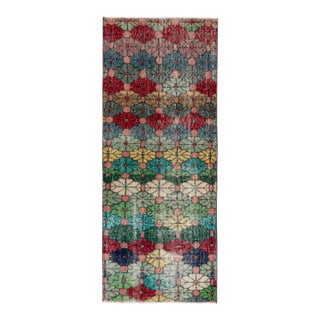 Hand-Knotted Vintage Mid-Century Distressed Runner in Green, Red Floral Pattern For Sale
