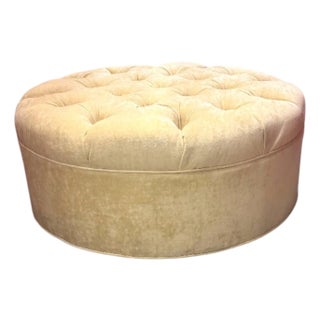 A Large Contemporary Round, Tufted , Custom Upholstered Ottoman. For Sale