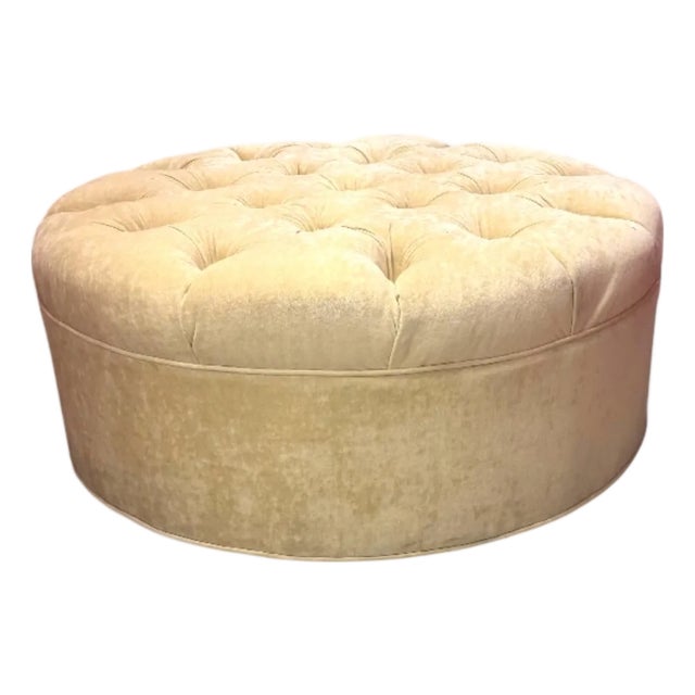 A Large Contemporary Round, Tufted , Custom Upholstered Ottoman. For Sale