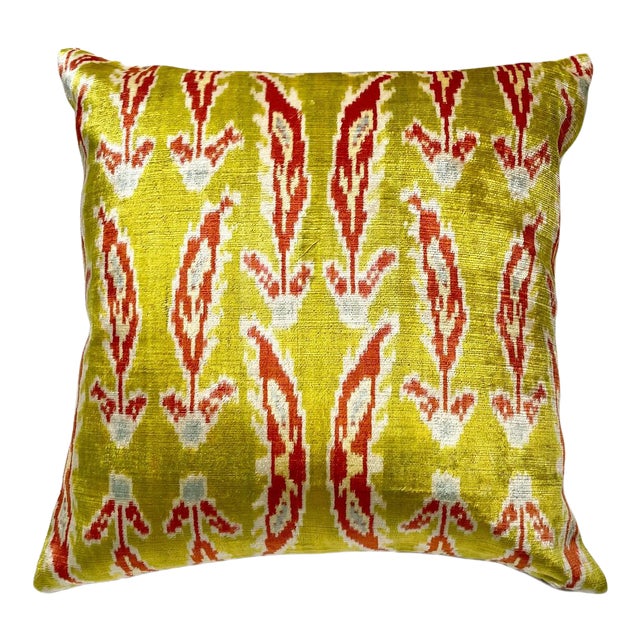 Chartreuse Silk Velvet Ikat Pillow For Sale