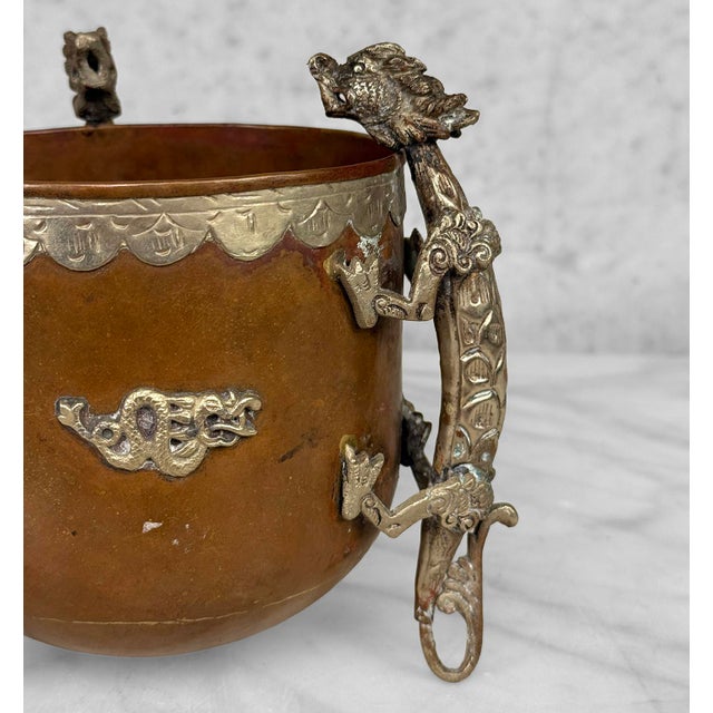 Copper Antique Tibetan Copper Dragon Motif Planter Pot Cencer For Sale - Image 8 of 13