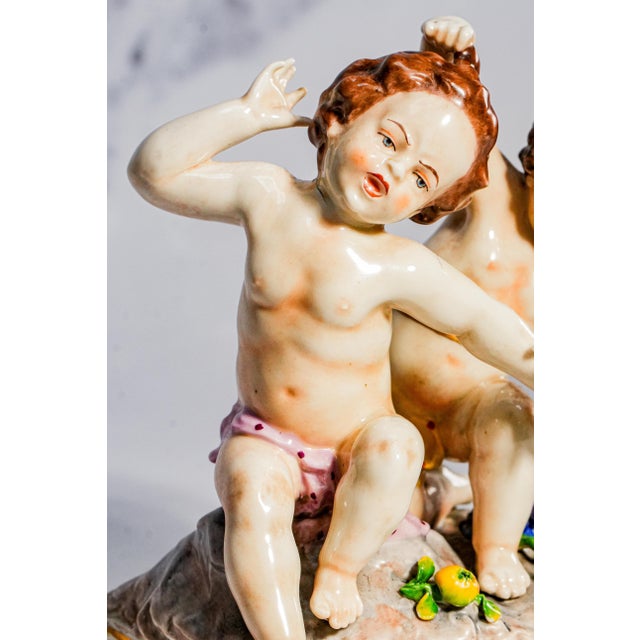 Pair Hand Painted Italian Porcelain Cherubs Antique Capodimonte Putti Figurines Sculpture Statue Old World Home Decor For Sale - Image 11 of 18