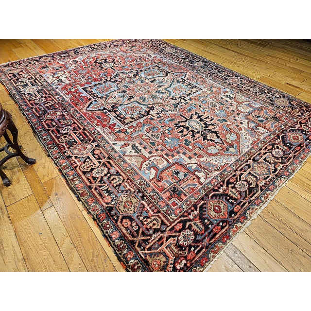 Vintage Persian Heriz Serapi Rug, Hand-Knotted Wool, Geometric Medallion Pattern, Brick-Red & Blue, 9x12 For Sale - Image 14 of 15