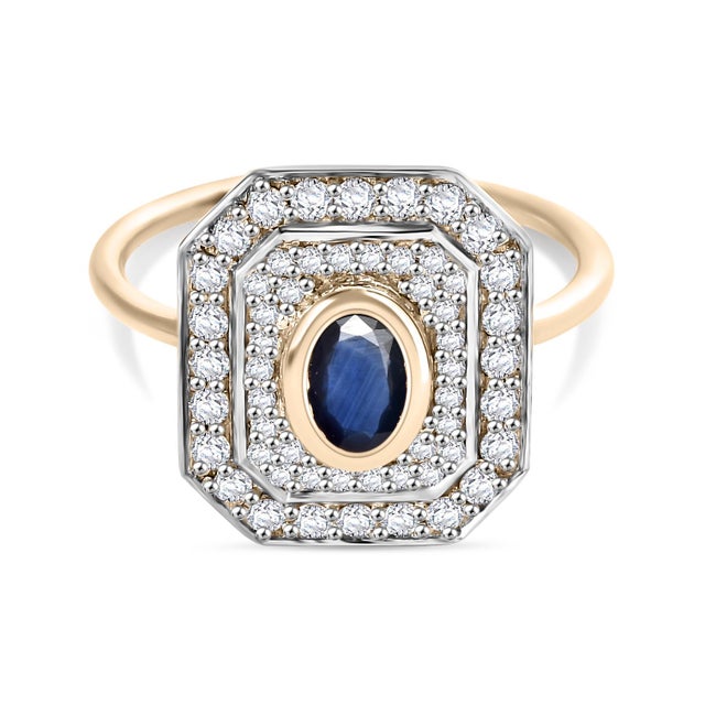 Metal Halo Diamond Sapphire Stone Wedding Ring in 14k Gold Size 6.5 For Sale - Image 7 of 12