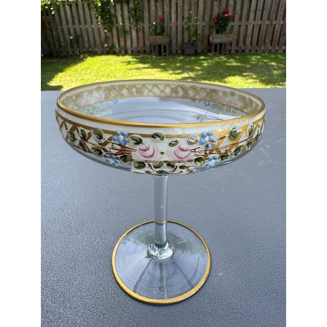 Moser Hand-Enameled Bohemian Uranium Art Glass Set: Coupe Stem & Rose Bowl Vase For Sale - Image 15 of 18