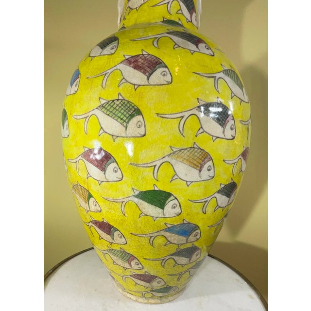 Persian Large Persian Vintage Hand Painted Ceramic Fish Vase For Sale - Image 3 of 13