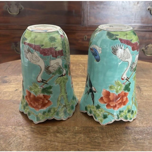 Twentieth Century Famille Rose Chinese Export Heavily Enameled Turquoise Scalloped Vases, a Pair For Sale - Image 6 of 7