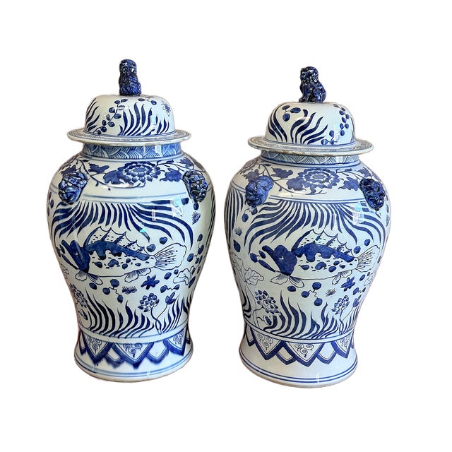 Coastal Blue & White Chinoiserie Koi Ginger / Temple Jars - A Pair For Sale - Image 4 of 6
