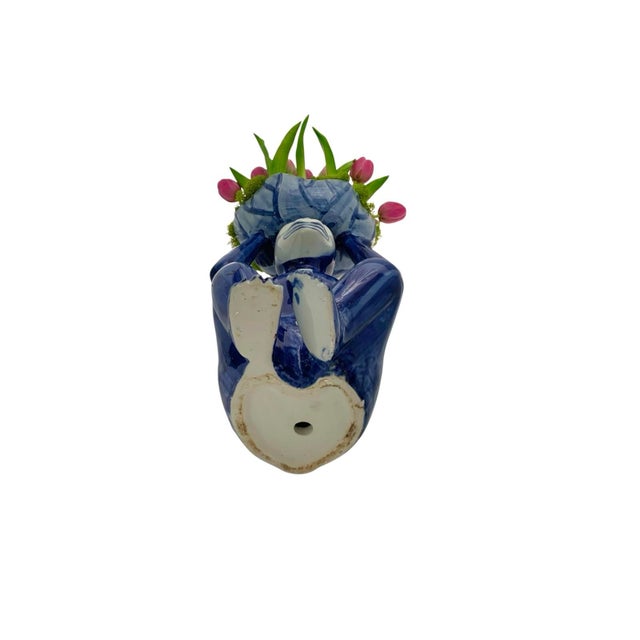 Blue Monkey Sculpture Large Porcelain With Faux Tulips Vintage Chinoiserie Decor For Sale - Image 8 of 8