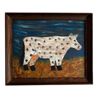 Primitive Abstract Painting of a Cow in Vintage Wood Frame For Sale