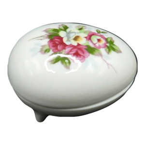 Vintage 1950s Japanese Floral Porcelain Egg Shaped W Feet Trinket Ring Box
