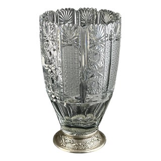 French or Bohemian Cut Crystal Vase with Silver-Plated Mount, 1920s For Sale