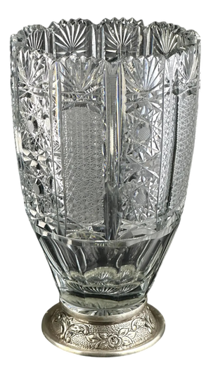 French or Bohemian Cut Crystal Vase with Silver-Plated Mount, 1920s